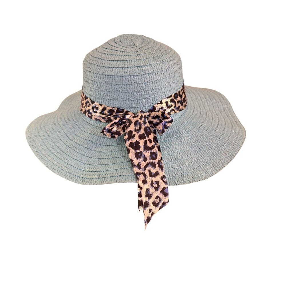 Womens Unbranded Light Blue Animal Print Tie Ribbon Synthetic Wide Straw Hat - Picture 4 of 8